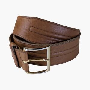 Vintage Made in France Tan Leather Belt With Gold Buckle | Fits Waists 33"-35"